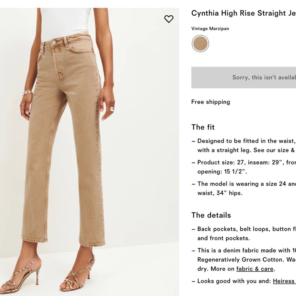 Reformation Cynthia High Rise Straight Jeans in Vintage Marzipan, NWT Size 31